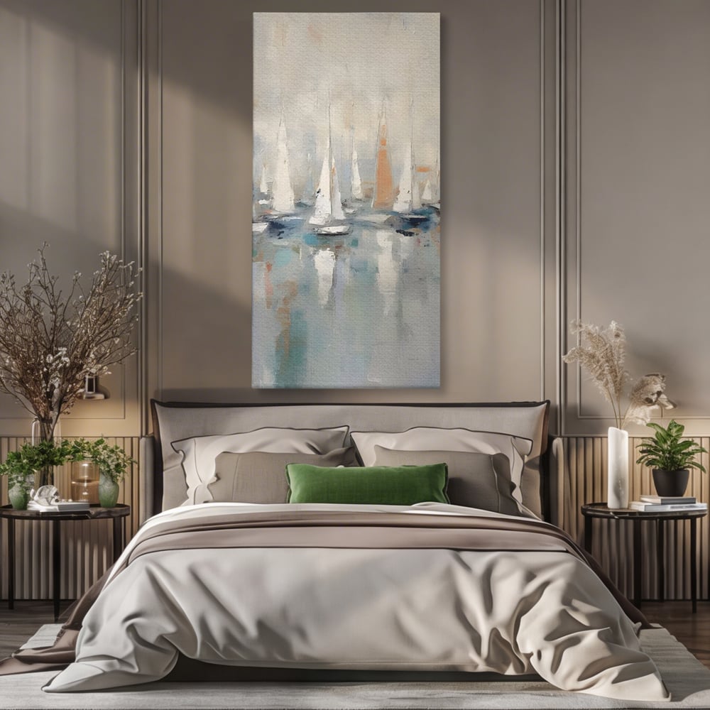 Tablou canvas cu pictura abstracta cu barci cu panze, fara rama, pe sasiu de lemn, pe perete intr-un dormitor
